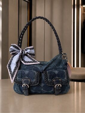 RARE!! Y2K Coach Signature Denim Buckle Pocket braided leather Shoulder straps
